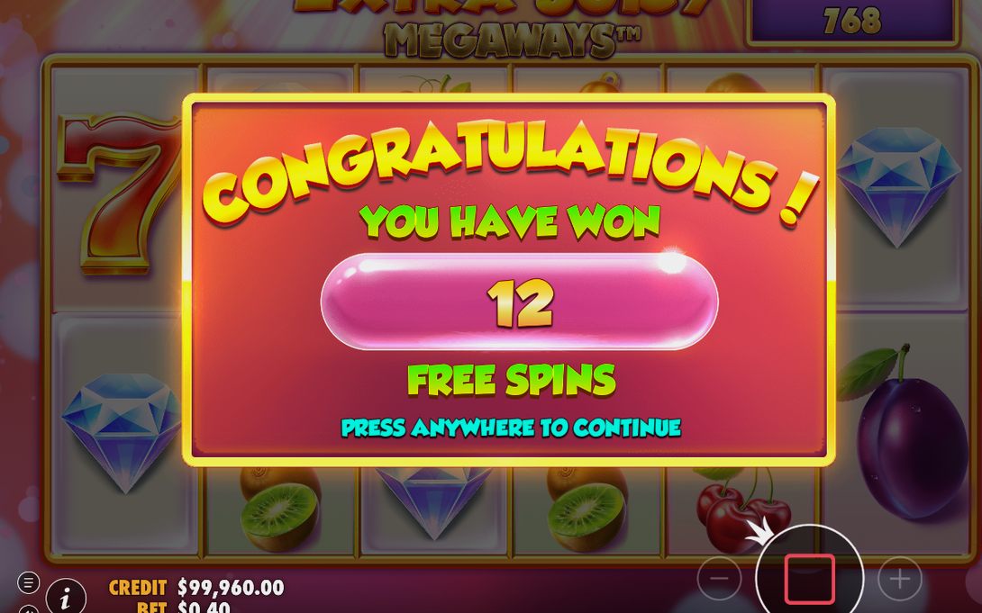 Free spins-läget med antal spinn kvar